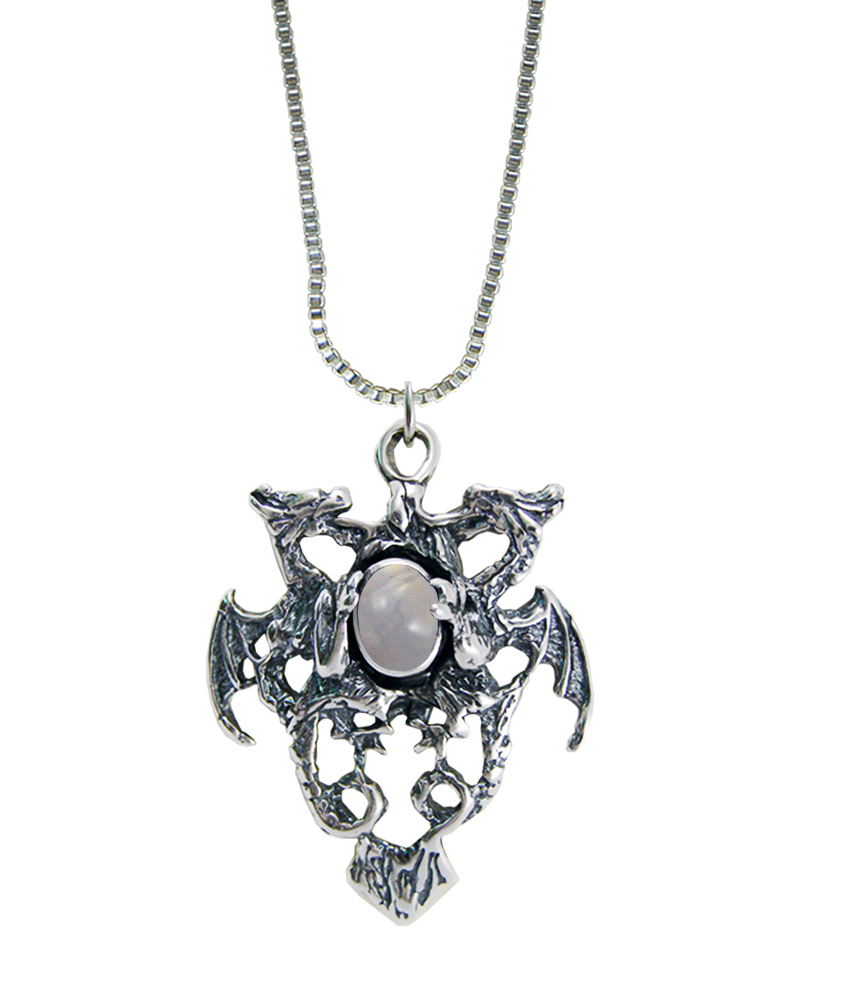 Sterling Silver Dragon Crest Pendant With Rainbow Moonstone